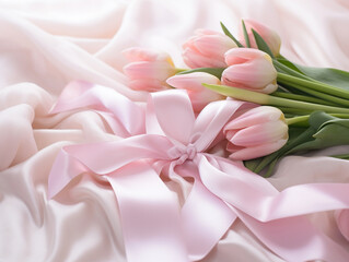 Gift and delicate tulips with silk ribbons in pink style.