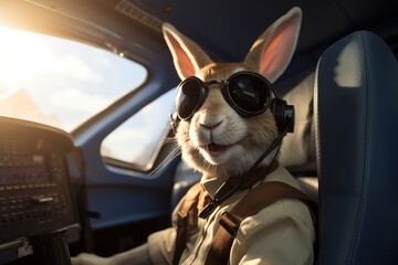 Cool Easter bunny as a pilot in the cockpit. - obrazy, fototapety, plakaty