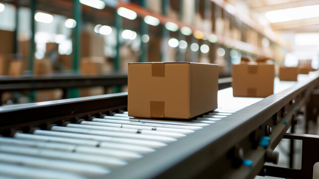Parcels on conveyor belt in distribution warehouse, logistics. Shallow field of view.
