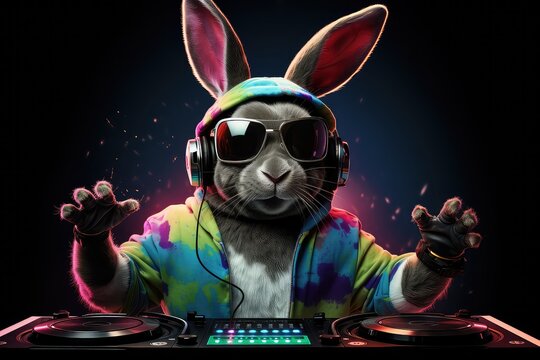 Cool Easter bunny as a dj with sunglasses and headphones.