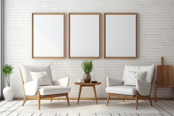 A pair of armchairs set against a white wall with a large framed poster, showcasing the interior design of a modern living room in Scandinavian style. Generative Ai.
