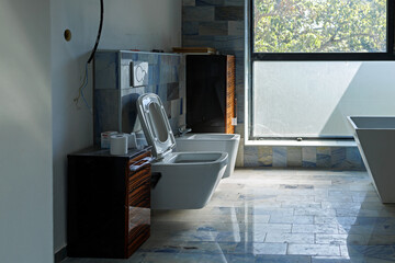 Suspended white toilet and bidet in the bathroom after a major renovation of the house - obrazy, fototapety, plakaty