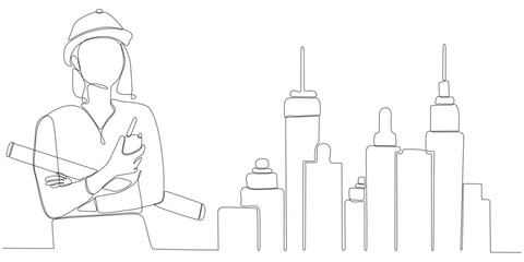 continuous line art of architect constructing building