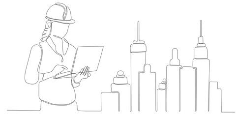 continuous line art of architect constructing building