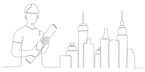 continuous line art of architect constructing building
