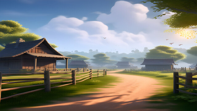illustration of a retro house in a 90s village with a wooden fence. smog and calm atmosphere