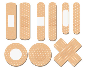 A set of medical bandages of various shapes. Various forms of adhesive tape for first aid. Medical icons. Vector