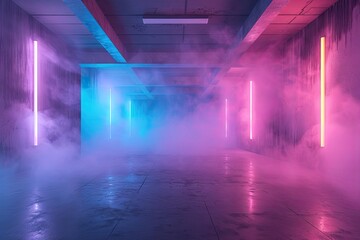 Abandoned empty corridor with concrete walls and columns and fog. Pink and blue neon lights illuminate the building.