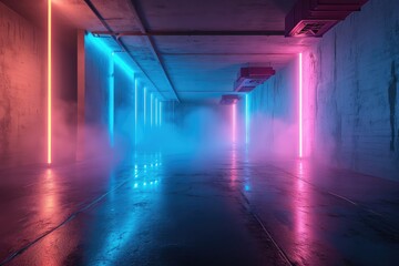 Abandoned empty corridor with concrete walls and columns and fog. Pink and blue neon lights...