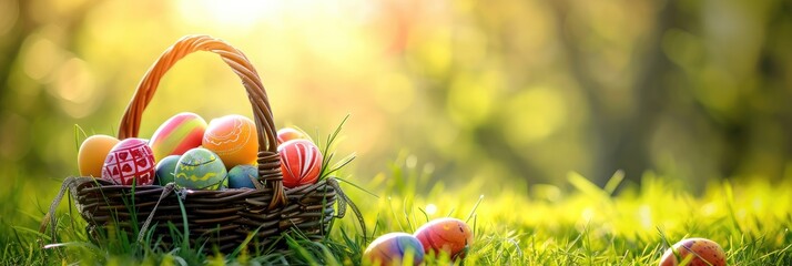 Easter Painted Eggs In Basket On Grass In Sunny Orchard Easter Painted Eggs In Basket On Grass