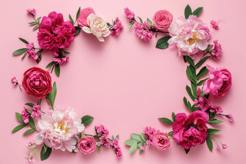 A delicate arrangement of pink and red peonies forms a heart-shaped frame on a soft pink background, conveying a sense of romance and spring freshness