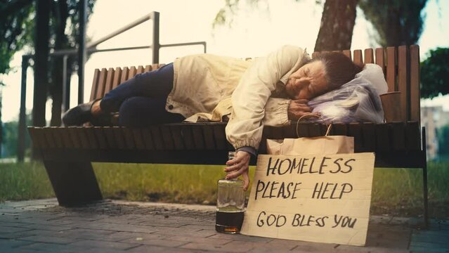 Please help cardboard sign, homeless woman sleeping on bench, social injustice