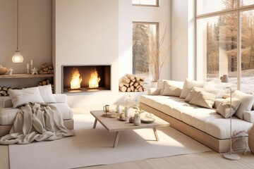 Fototapeta na wymiar Light living room in Scandinavian style with a fireplace. Modern interior.