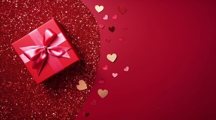 Captivating Valentine's Day Decorations: Top View Photo of Crafty Giftbox, Glowing Sequins, and Romantic Red Ribbon on Isolated Background, Perfect for Love Celebrations and Romantic Occasions.