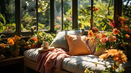 A cozy sunroom with a comfortable couch, pillows, blankets, and flowers