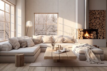 Light living room in Scandinavian style with a fireplace. Modern interior.