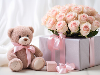 Toy bear with square gift and bouquet of tender roses.  Pastel background.