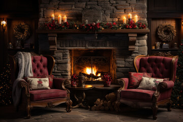 A crackling fireplace surrounded by cozy armchairs and stockings hung with care, inviting a sense of warmth and comfort during the holiday season. Generative Ai.