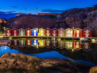Smogen, Sweden - May 24, 2023: Idyllic colorful fisherman cabins Smogenbryggan in Smogen, Sweden....