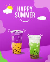 Summer flayer with blueberry iced boba and iced tea boba, refreshing drink, poster, social media banner,  asset design, vector illustration.
