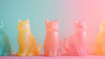 Cats semitransparent plastic miniatures. Small sculpture of cats on gradient background. Pastel colours toys. 3D printing model. - obrazy, fototapety, plakaty