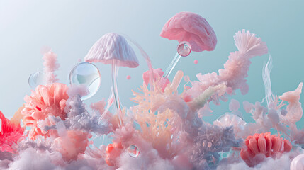 Sea Plants and Corals. Surreal Underwater Landscape in Pastel Colours. Fantasy  - obrazy, fototapety, plakaty