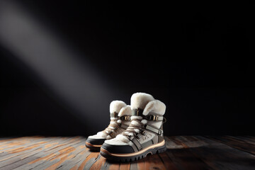 Snow boots, Moon boots, chaussures de randonnée d'hiver fourrées. Mockup (Mock-up) photo studio éclairage  doux sur fond noir et bois. Sports d'hiver et ski à la neige, boutique de station de ski  - obrazy, fototapety, plakaty
