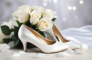 bridal shoes and bouquet.