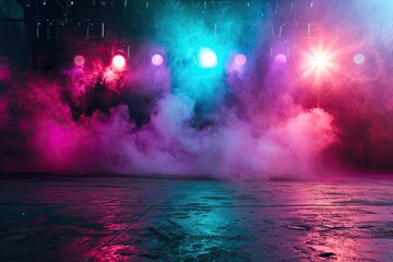 Empty concrete room with fog and pink neon light. May be used as background. - obrazy, fototapety, plakaty