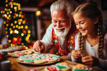 A family decorating sugar cookies with colorful icing and sprinkles, creating edible works of art that showcase the joy of holiday baking. Generative Ai. - obrazy, fototapety, plakaty