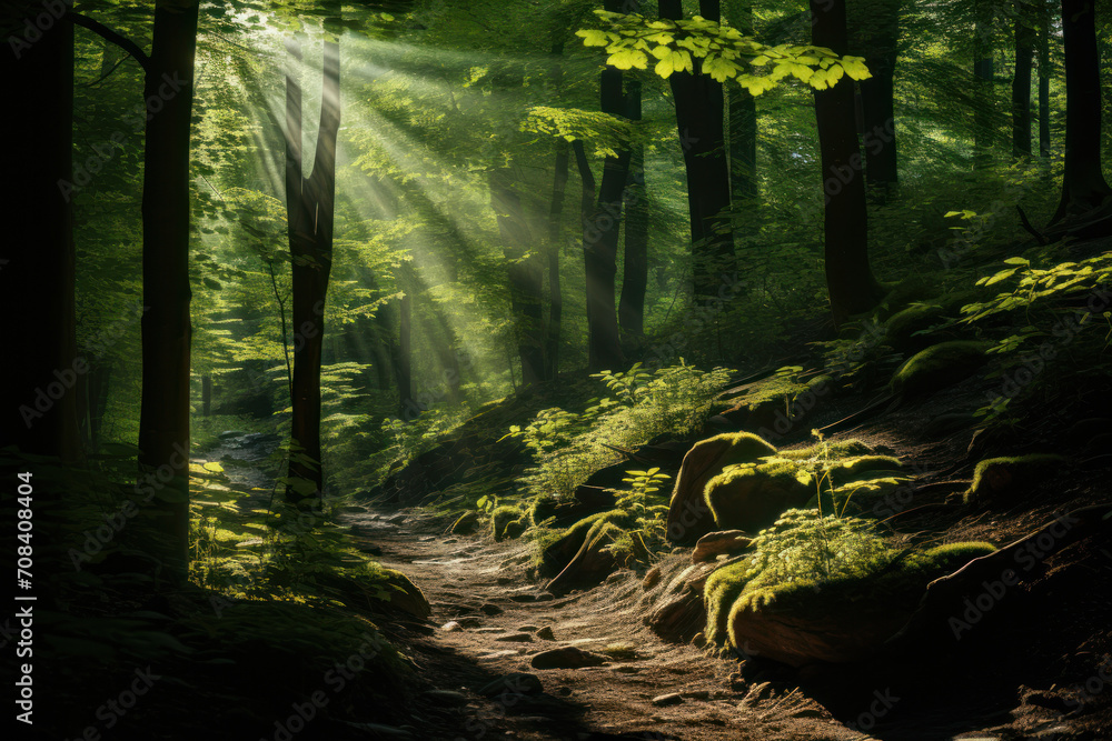 Poster beams of sunlight filtering through dense forest foliage, creating a captivating play of light and s