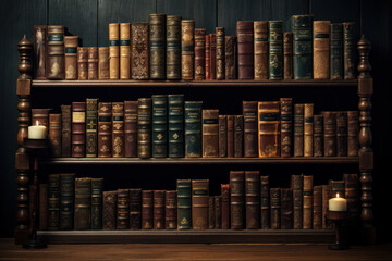 A collection of vintage books stacked on weathered wooden shelves, showcasing the timeless knowledge and wisdom contained within the pages. Concept of literary heritage. Generative Ai.