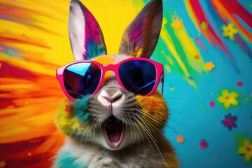 	
Cool Easter bunny with sunglasses on colorful background.