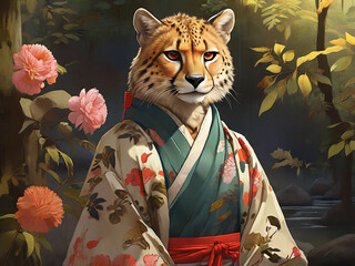 Illustration of a Cheetah in Traditional Japanese Clothing in Forest