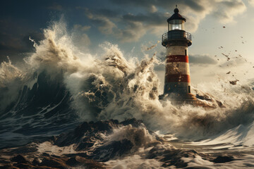 A weathered lighthouse standing tall against crashing waves, symbolizing resilience and guidance...