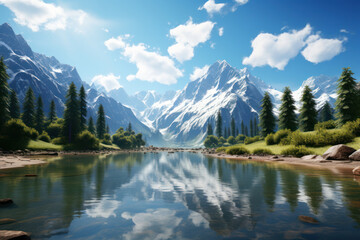 A serene mountain lake reflecting the towering peaks surrounding it, offering a moment of tranquility and introspection. Concept of peaceful solitude. Generative Ai.