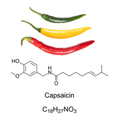 Cayenne chili peppers, and capsaicin chemical formula and structure. Capsaicin is the active...