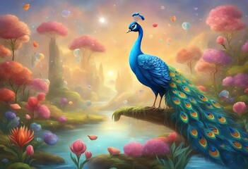 Image of a Cute cartoon Peacock with background.