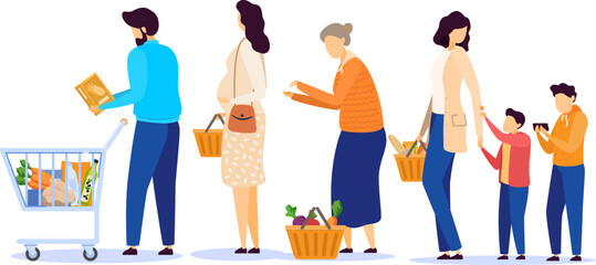 People in grocery store, line at cash desk, supermarket customers, vector illustration. Men and women buying groceries in shop. Customers cartoon characters, scene from grocery store or supermarket