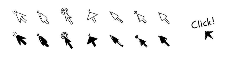 Doodle click mouse cursors. Different click buttons set with lettering for website or computer application, hand drawn vector arrow pointer