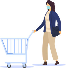 Woman with face mask shoppink in market Coronavirus 2019-ncov epidemic city epidemic disease vector illustration. Outbreak virus epidemic flu woman girl in mask in city shop market moll.