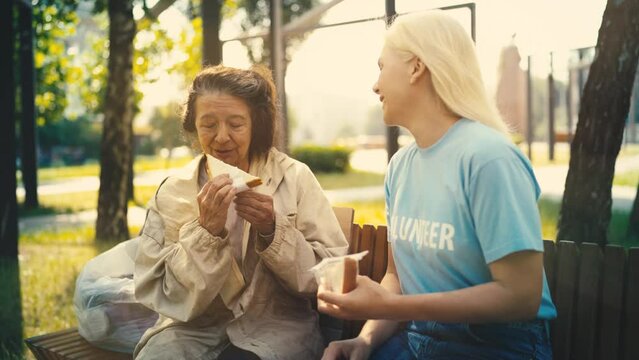 Kind volunteer giving sandwich to elderly homeless woman sitting on bench, help