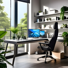 modern office interior with furniture with jungle view from window