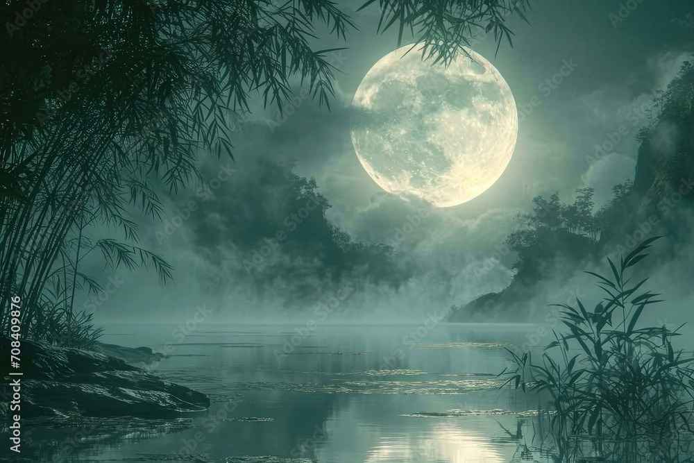 Wall mural an full moon showing through a forest professional photography
