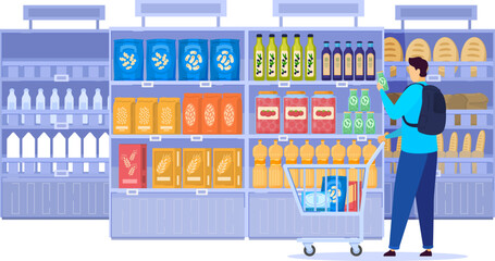 People in grocery store, line at cash desk, supermarket customers, vector illustration. Men and women buying groceries in shop. Customers cartoon characters, scene from grocery store or supermarket