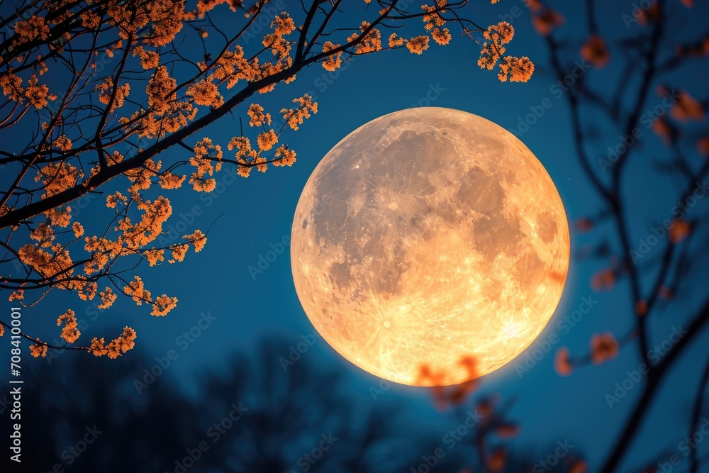 Wall mural an full moon showing through a forest professional photography