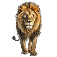 A majestic lion walks towards the viewer, exuding power. Transparent background.