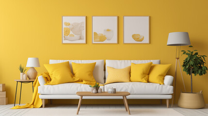 Modern living room, Beige sofa with yellow pillows and two side tables with lamps against vibrant yellow wall with poster frame, Ai generated image
