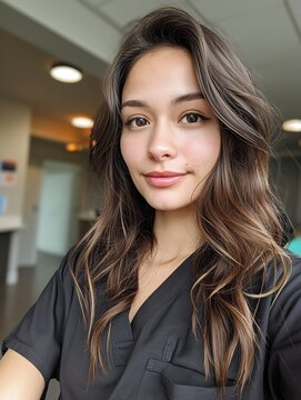 An attractive woman nurse taking selfie during her working hour, Generative AI.