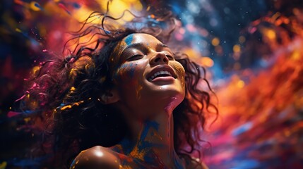 A young woman enclosed in a vibrant paint explosion with her eyes closed, Generative AI.